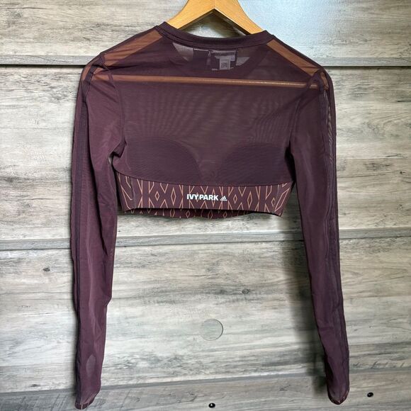 Adidas Ivy Park Monogram Brown Athletic Crop Top Mesh Long Sleeves Women's S - Picture 10 of 13